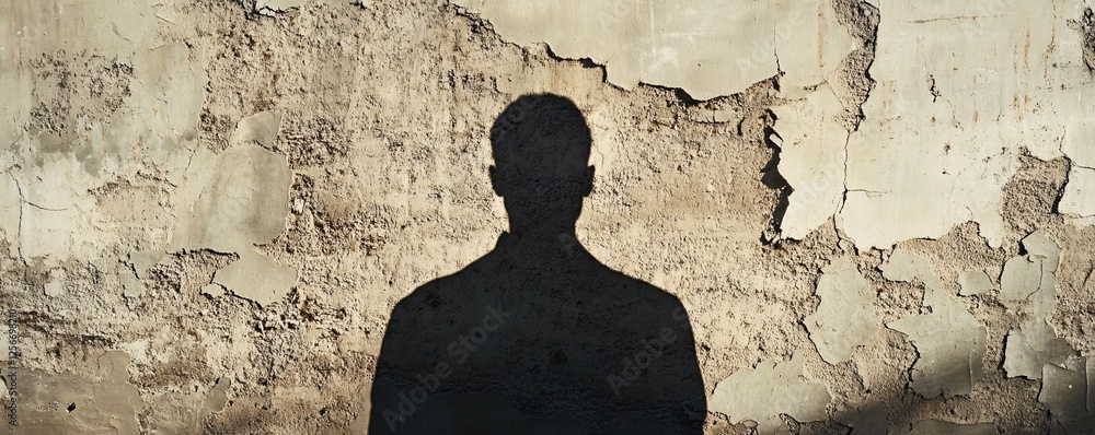 Poster Man's shadow falls on a textured wall, creating an enigmatic and captivating picture