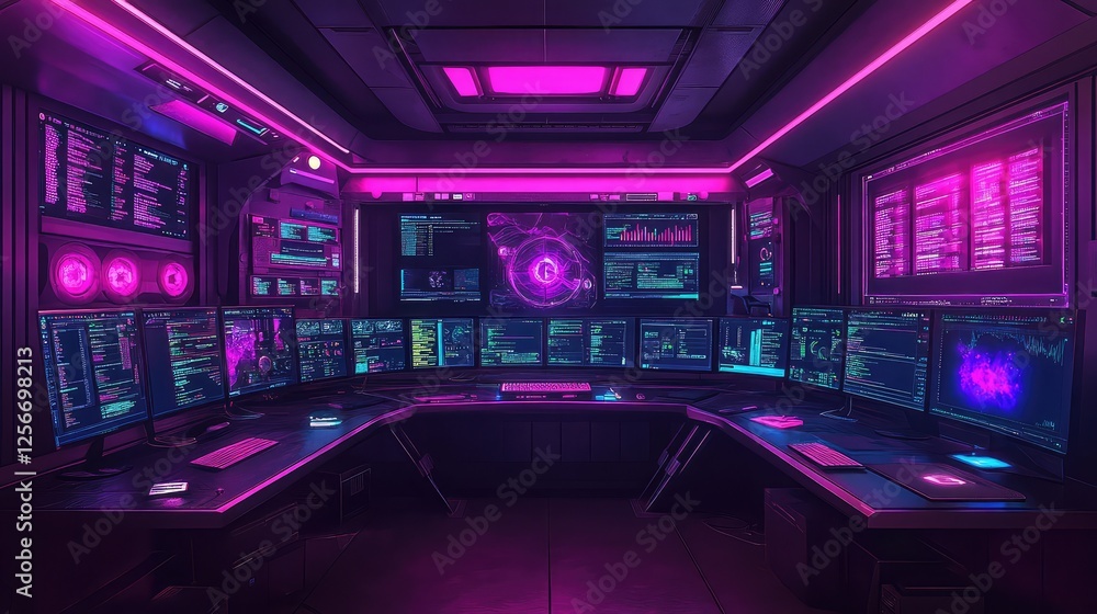 Poster a digital transformation workspace with futuristic monitors, coding screens, and user interface mock