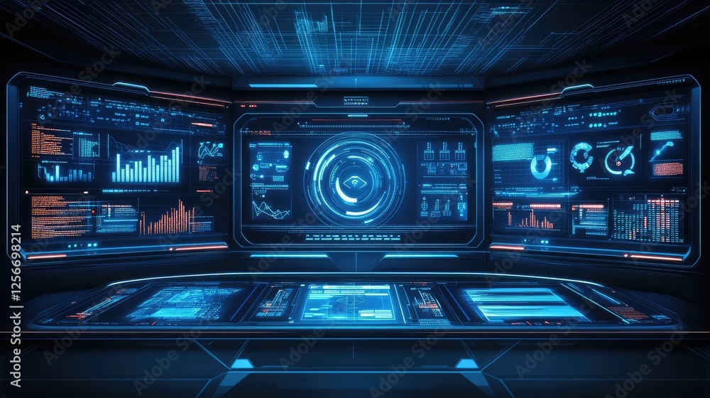 Poster a digital transformation workspace with futuristic monitors, coding screens, and user interface mock