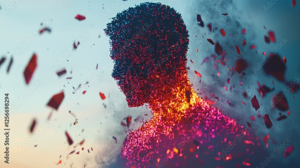 Poster abstract representation of human form with colorful particles