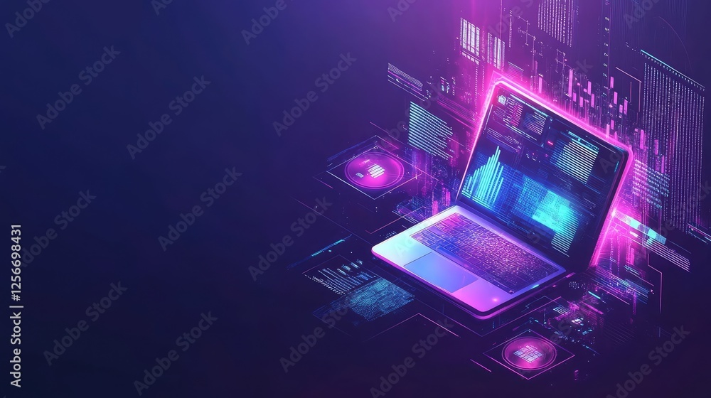 Poster a dynamic business planning concept with an open laptop and holographic data charts. copy space.