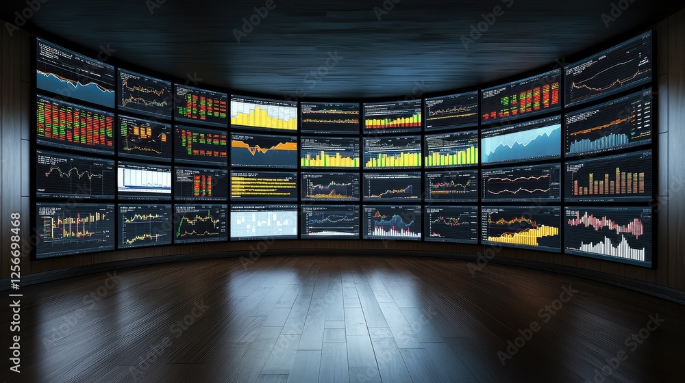 Poster a dynamic business strategy concept with multiple screens displaying stock market analytics. copy sp