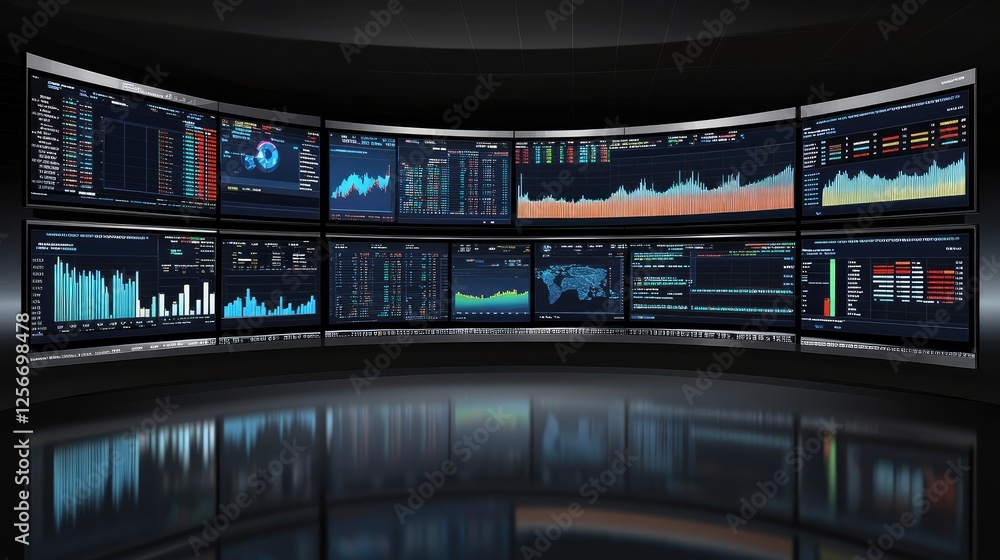 Poster a dynamic business strategy concept with multiple screens displaying stock market analytics. copy sp