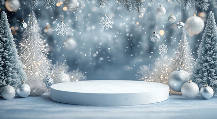 winter-themed background with a circular white podium, surrounded by glistening snowflakes, frosted pine branches, and silver and gold Christmas ornaments. 