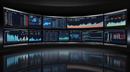 Fototapeta premium A dynamic business strategy concept with multiple screens displaying stock market analytics. Copy space.