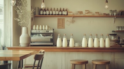 A farm-fresh dairy shop with milk bottles, butter churns, and a wooden counter. Copy space.