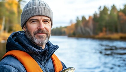 Witness the joy of angling with this stunning image of an angler proudly holding trout mid-catch This captivating scene features a pristine river reflecting the surrounding forest's vibrant colors