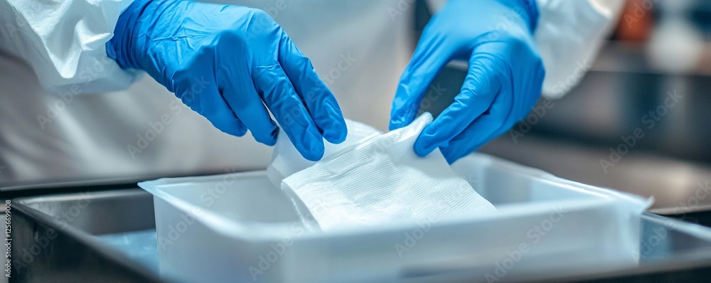 Poster scientist is working in a modern laboratory using sterile equipment