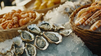 Fototapeta premium A fresh seafood market scene with baskets of oysters, shrimp, and fish displayed on crushed ice. Copy space.