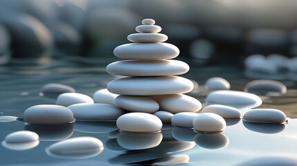 Obraz premium Balanced stack of smooth white stones on calm reflective water, symbolizing harmony, relaxation, and meditation, with a peaceful and minimalist aesthetic in a tranquil setting 