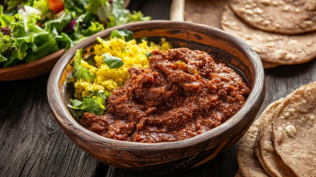 Traditional Ethiopian kitfo with injera and salad. Featuring a spicy and rich dish. Highlighting the texture and flavors of the kitfo. Ideal for food and cultural themes.