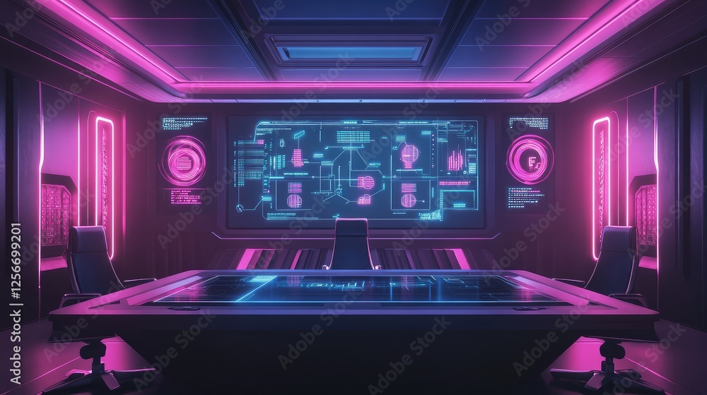 Poster a futuristic office conference room with a smartboard displaying interconnected teamwork diagrams. c