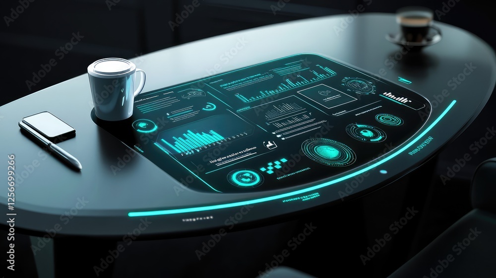 Poster a futuristic strategy concept featuring a smart desk with interactive ai-driven business analytics. 