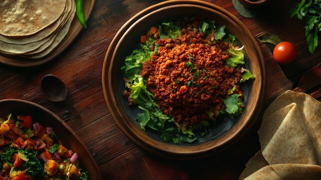 Traditional Ethiopian kitfo with injera and salad. Featuring a spicy and rich dish. Highlighting the texture and flavors of the kitfo. Ideal for food and cultural themes.