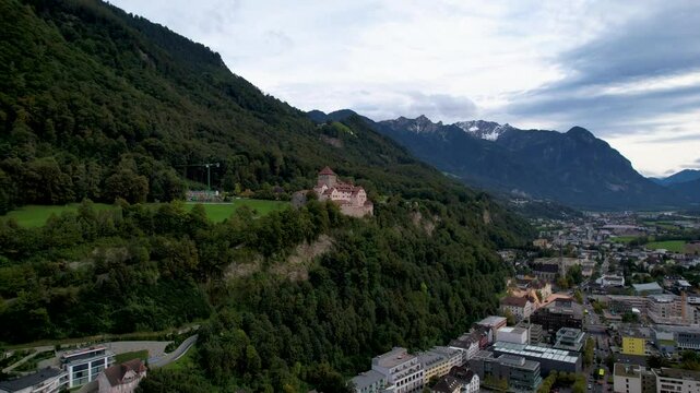 Beautiful aerial Footage of the city and the Castle of Vaduz in Liechtenstein
