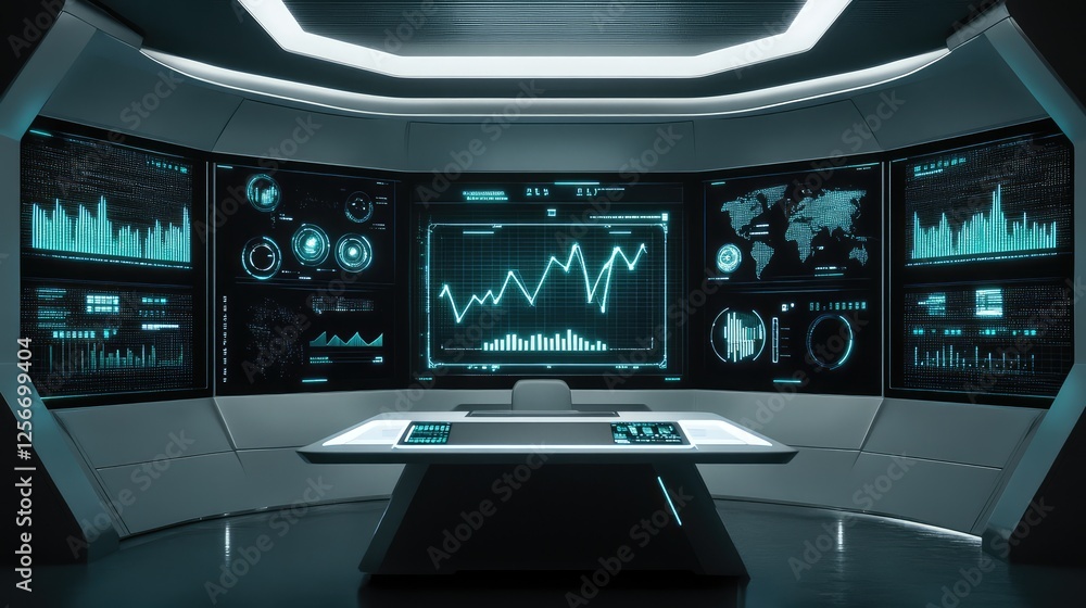 Poster a futuristic workspace with holographic business growth graphs and financial analytics. copy space.