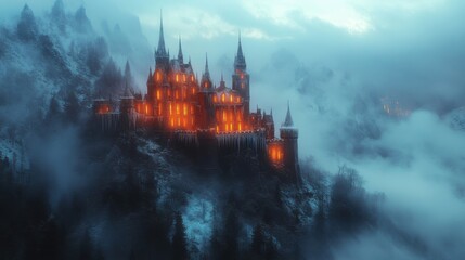 Mystical Gothic Castle Surrounded by Foggy Mountains Under an Enchanting Twilight Sky