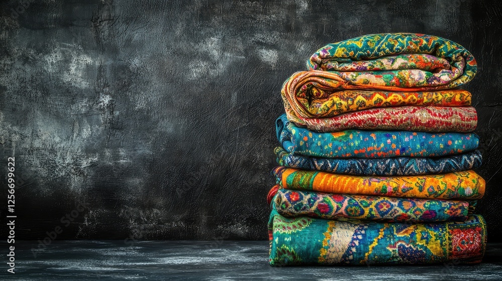 Poster a handmade textile display with folded fabrics in vibrant colors and traditional patterns. copy spac
