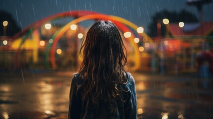 Solitary child standing in rain looking at blurred lights and arches