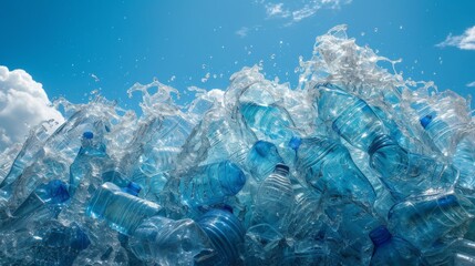 A dynamic composition depicting an ocean wave created entirely from blue plastic bottles. Emphasizes marine pollution and the urgency of recycling efforts. AI generated.