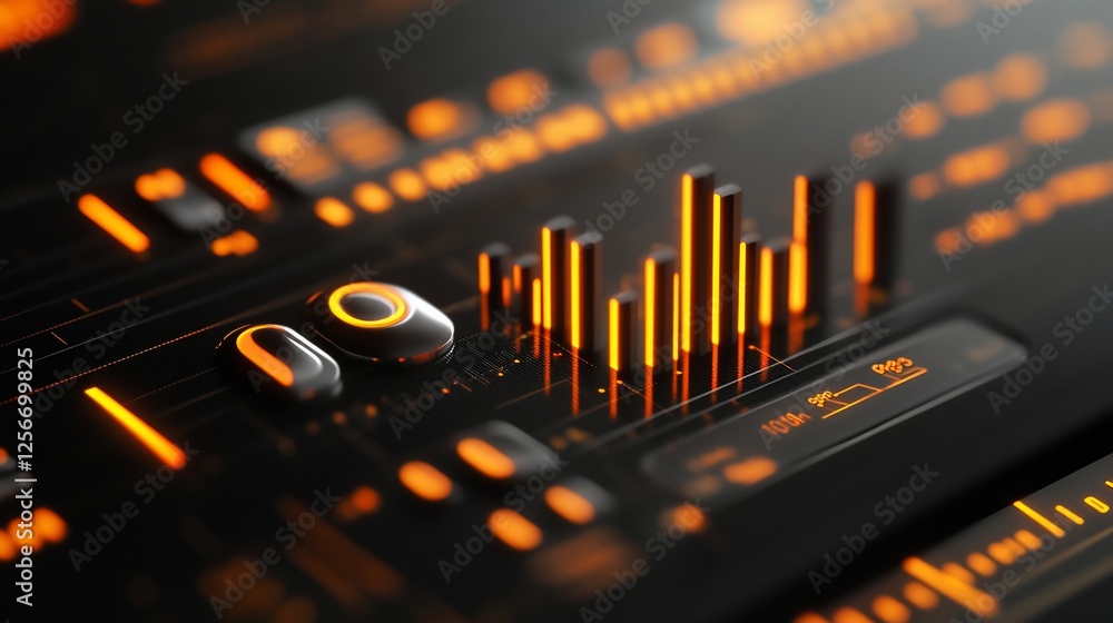 Aufkleber abstract digital audio equalizer interface with glowing orange bars and buttons.