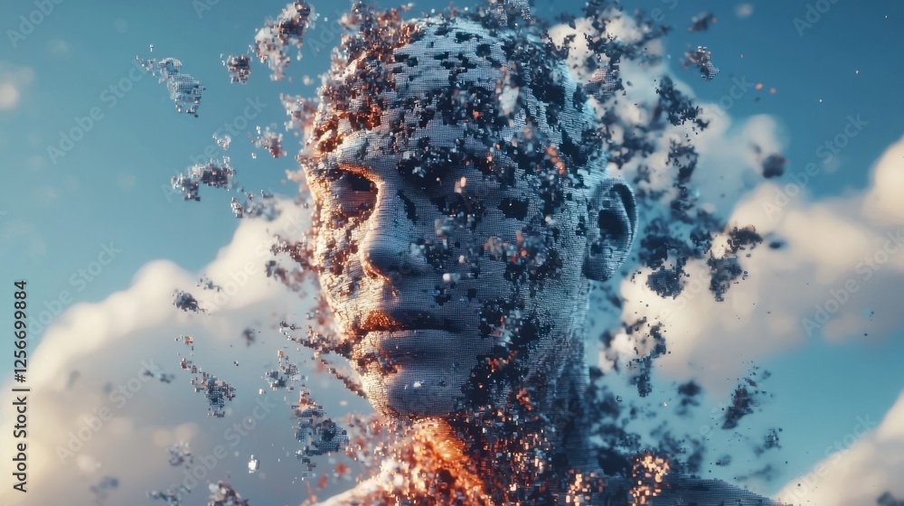 Poster abstract representation of a disintegrating human face in 3d render