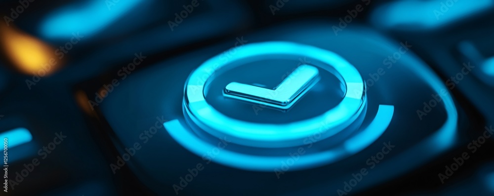 Aufkleber luminous blue checkmark button shines on a dark keyboard, symbolizing validation
