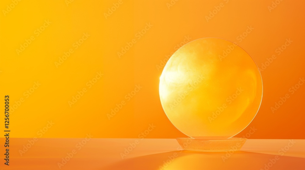 Poster Minimalistic depiction of a glowing orange sphere on a reflective surface against a warm gradient background, creating a modern and serene atmosphere. AI generated.