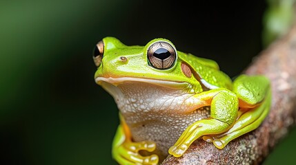 Fototapeta premium Close-up of a vibrant green tree frog perched on a branch. Possible use Nature, wildlife photography