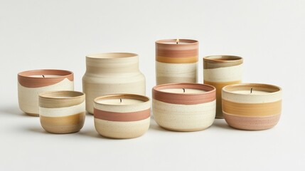A minimalistic display of hand-poured soy candles in ceramic containers with a clean aesthetic. Copy space.