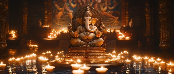 Ganesh Statue in a Sacred Indian Chamber with Gilded Walls, Divine Aura, and Floating Candle Offerings. Copy space. Generative AI