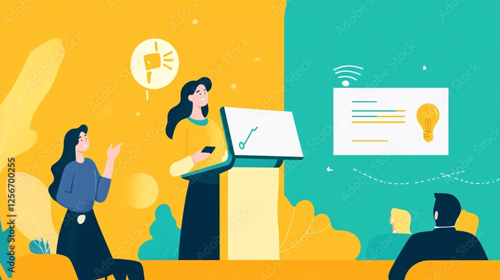 Poster businesswoman is using digital tablet and interactive whiteboard during a presentation about growth 