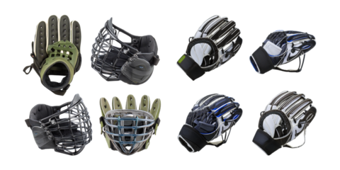 Variety of Baseball Gloves and Catcher's Gear on White Background
