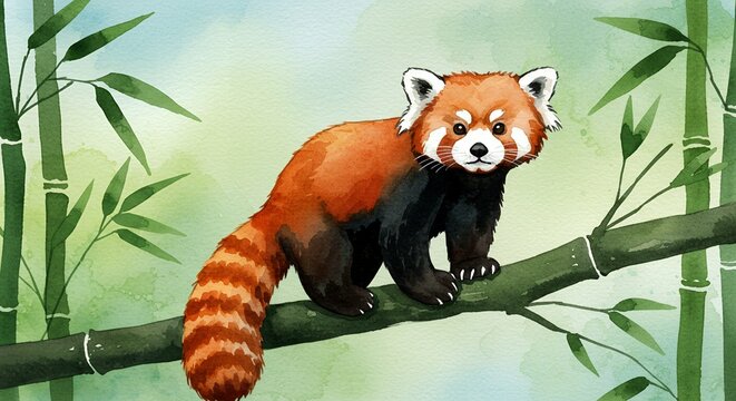 Watercolor painting depicts a red panda on a bamboo branch