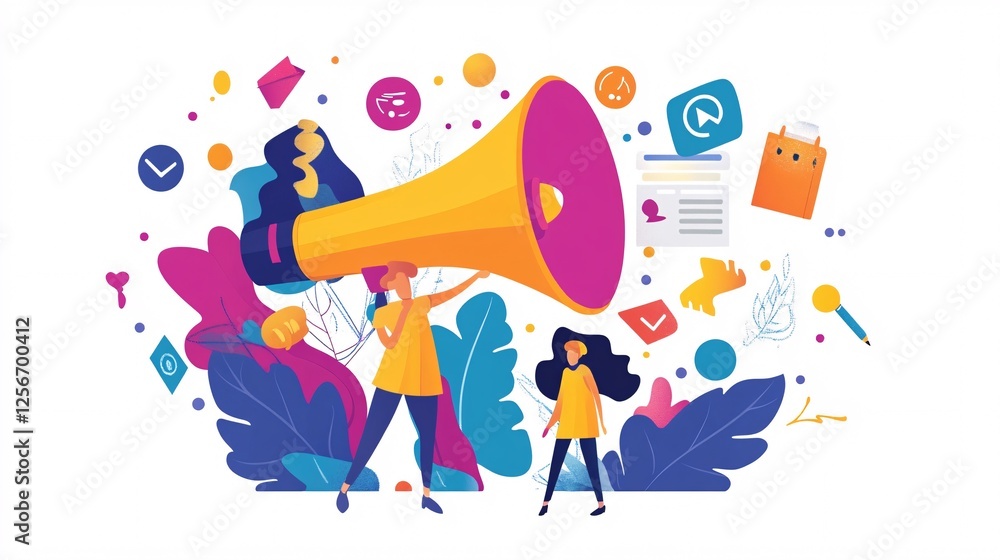 Poster marketers are working on advertising campaign using megaphone with icons of marketing tools