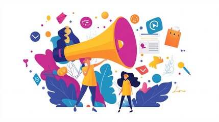 Marketers are working on advertising campaign using megaphone with icons of marketing tools