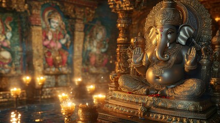 Ganesh Statue in a Sacred Indian Chamber with Gilded Walls, Divine Aura, and Floating Candle Offerings. Copy space. Generative AI