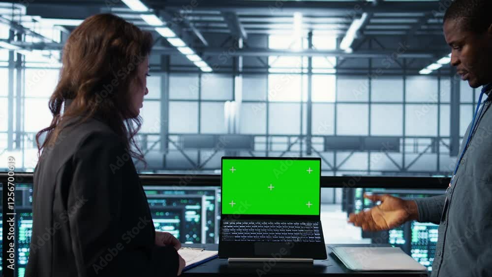 Poster coworkers in data center using mockup laptop, integrating green technologies. it experts in server r