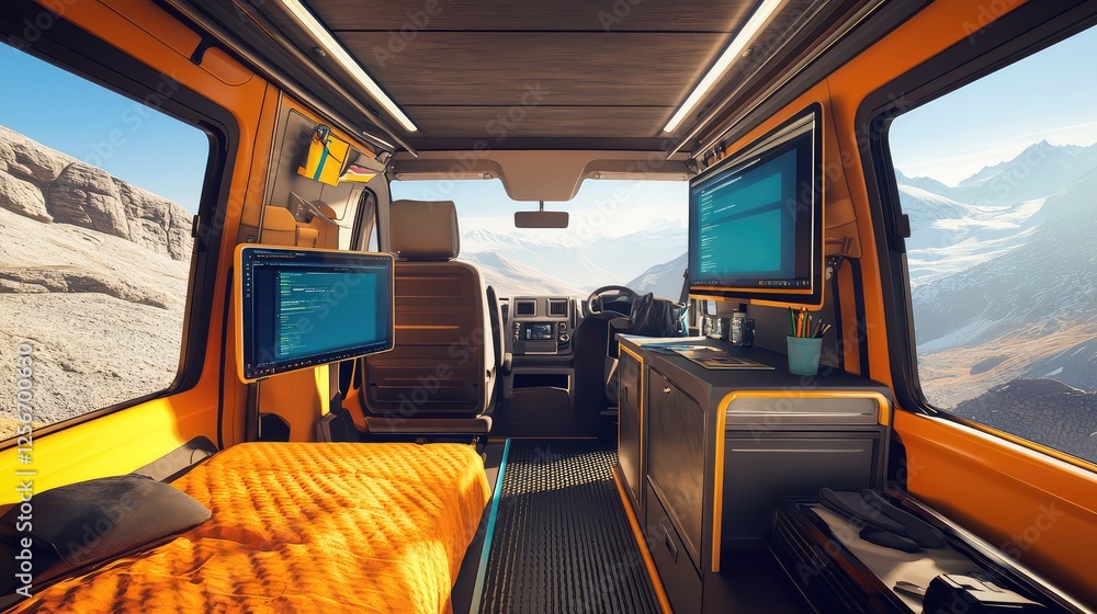 Poster a modern mobile tech startup office setup inside a spacious van, with dual monitors. copy space.