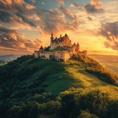 Obraz premium Majestic medieval castle atop a green hill illuminated by the vibrant hues of a sunset sky. Generative AI