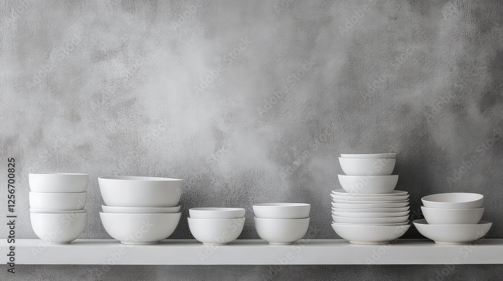 Aufkleber a modern studio shelf with stacks of handcrafted ceramic bowls in different sizes. copy space.