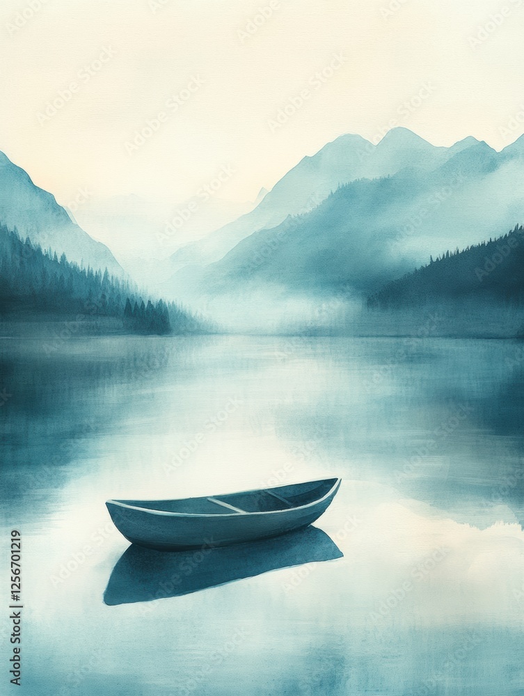 Poster Serene watercolor depiction of a lone rowboat on a tranquil mountain lake with a blank sky for text. Generative AI