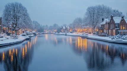 Fototapeta premium Winter Wonderland Overlooking Serene Snowy Canal with Lights Twinkling on Calm Water Surface