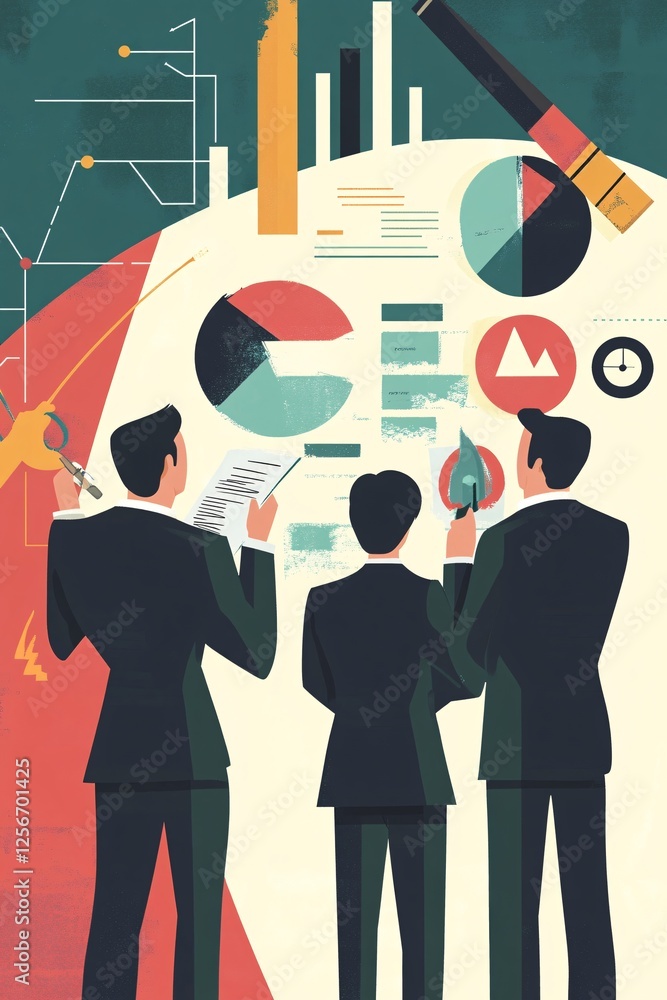 Poster four businessmen analyzing charts and graphs, seen from behind