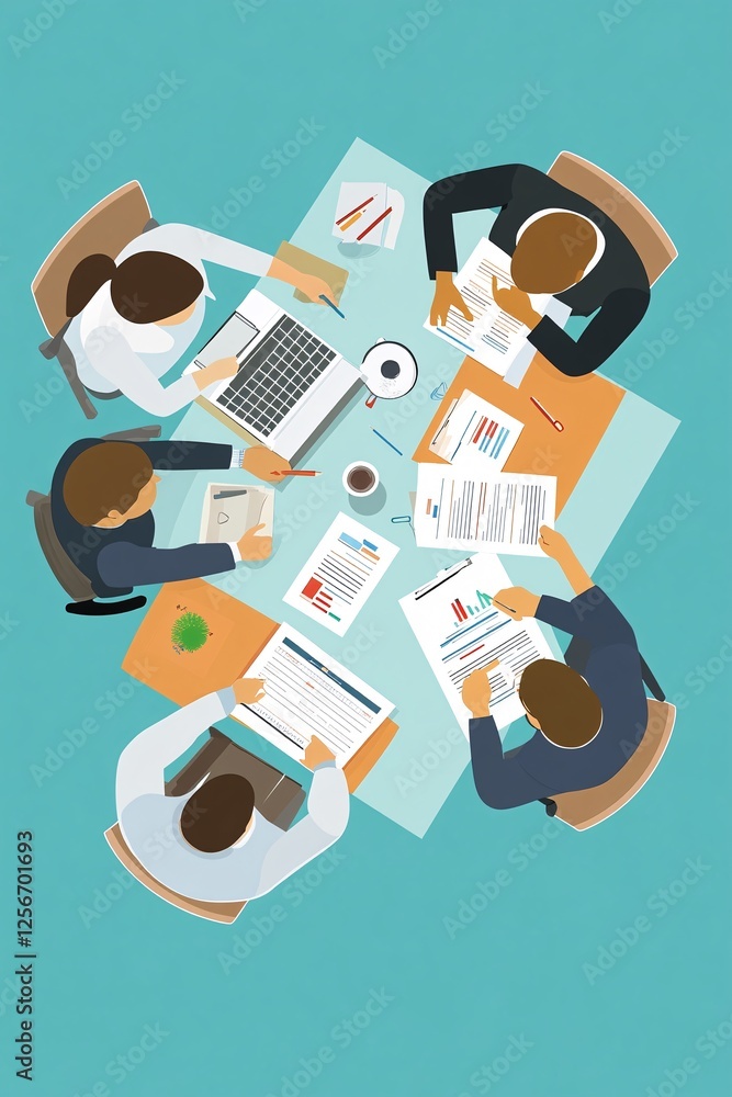 Poster business team collaborating on documents and using laptops at a meeting table, business meeting conc