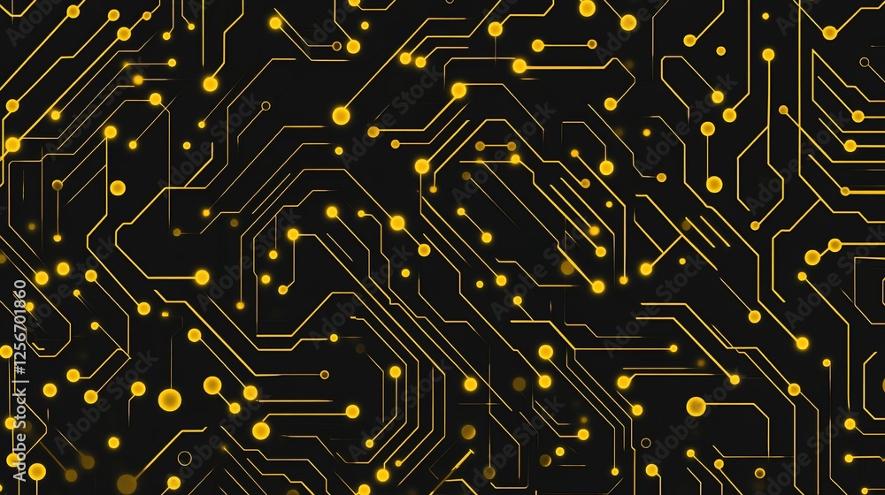 Aufkleber abstract background with glowing gold circuit lines and nodes on dark surface.