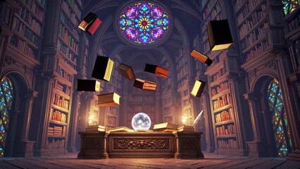 Obraz premium Mysterious library scene featuring levitating books around an ancient wooden desk, illuminated by warm candlelight. A glowing crystal ball adds a magical touch beneath a stained glass window