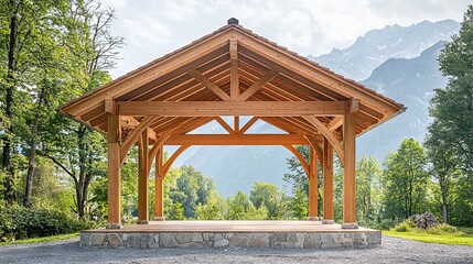 Rustic Wooden Pavilion in Scenic Mountain Landscape