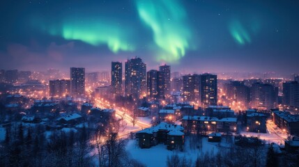 Nighttime Cityscape with Northern Lights Over a Snowy Urban Landscape in Winter