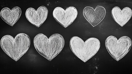 Obraz premium Hand-drawn white chalk hearts on blackboard background for romantic, love, and friendship themes